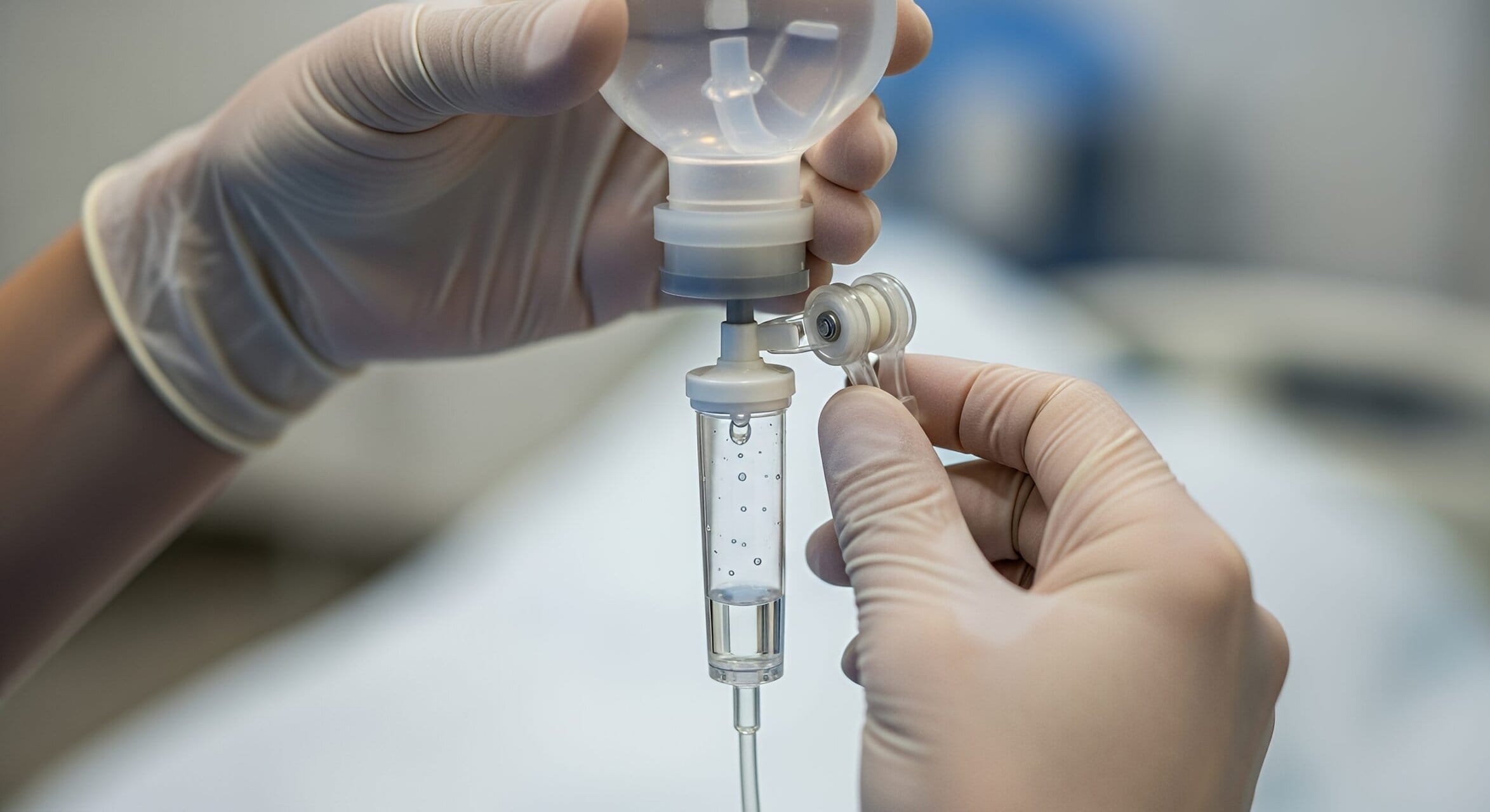 Nurse Adjusting IV Drip Bag in Hospital